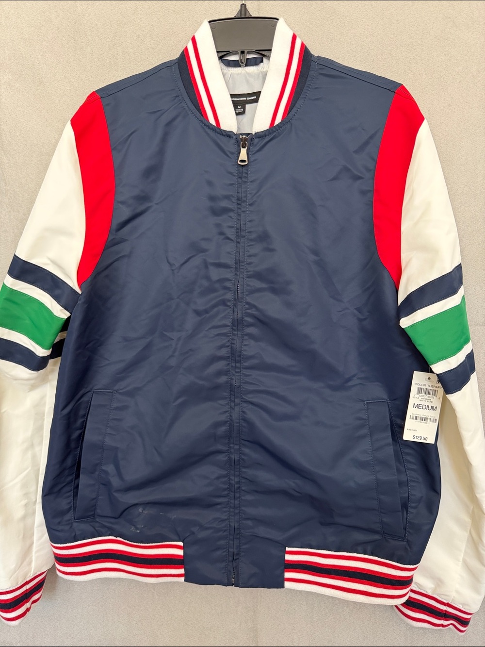 NWT!! INC International Concepts Navy Bomber Jacket with Red & White Trim